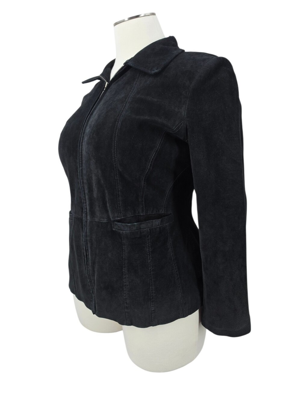 Y2K Black Suede Leather Zip Up Jacket Welt Pockets